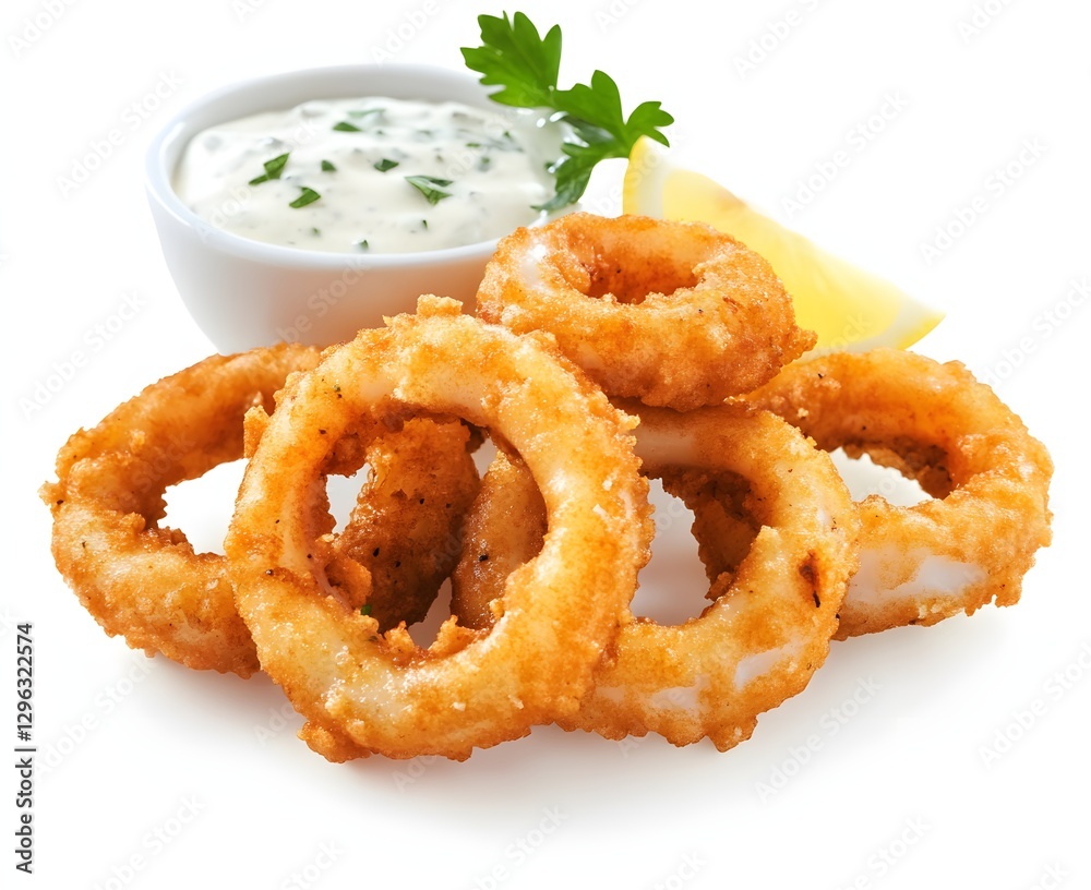 Fried squid rings with lemon and tartar sauce, isolated on a white background, side view, Generative AI Fried squid rings with lemon and tartar sauce, isolated on a white background, side view, Generative AI