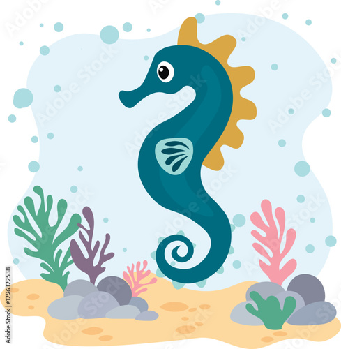 Cute seahorse on the background of the sea. Postcard, sticker. Children's educational material