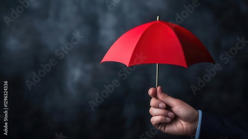 A close-up of a hand holding a bright red umbrella against a dark background, symbolizing protection and optimism in personal life. Corporate and insurance business insurance.