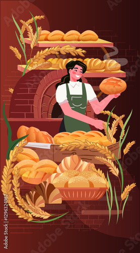Baker holding bread fresh bakery products assortment oven background wheat decorative elements warm colors bakery theme