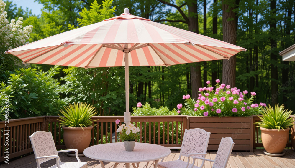 Obraz premium Trendy striped outdoor umbrella in pastel colors providing shade over a café table