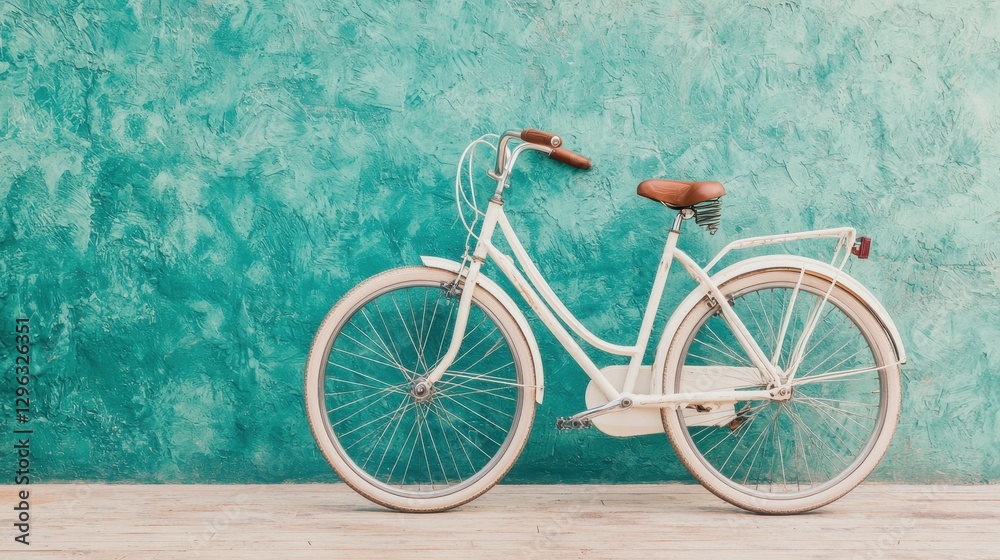 Fototapeta premium Vintage White Bicycle Against Turquoise Wall with Wooden Floor