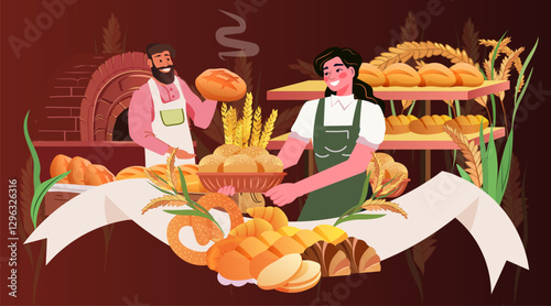 Bakery scene with bakers presenting fresh bread variety in rustic setting featuring oven shelves wheat decorative elements