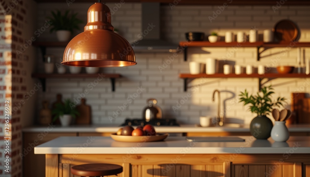 Fototapeta premium Copper pendant lamp illuminating rustic kitchen island, cozy ambiance