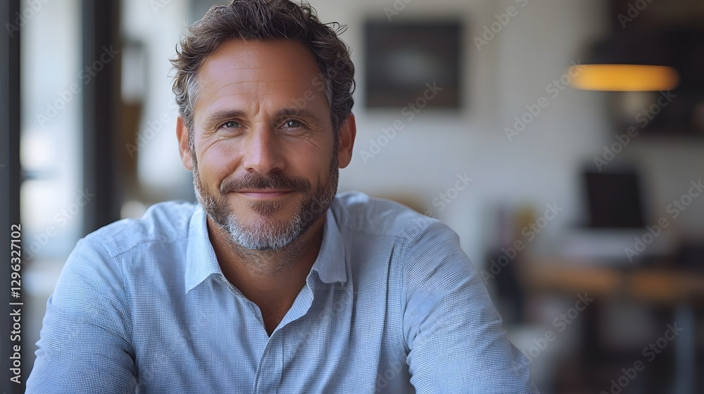 Fototapeta premium Confident business executive smiling while sitting at a minimalist desk, 8K high-quality clear photo
