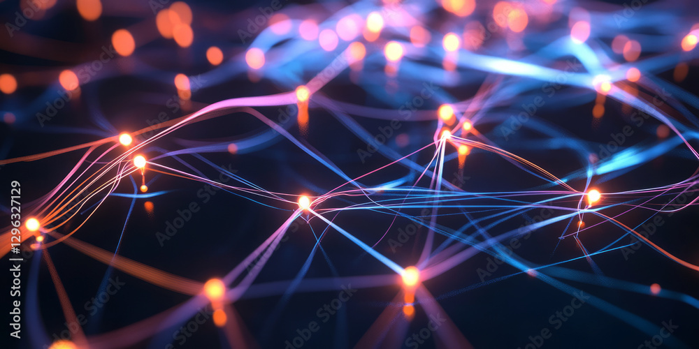 A dynamic 3D abstract background showcasing a complex web of glowing interconnected circuits. The pulsating neon lights and soft reflections add depth and movement to the futuristic high-tech design. A dynamic 3D abstract background showcasing a complex web of glowing interconnected circuits. The pulsating neon lights and soft reflections add depth and movement to the futuristic high-tech design.