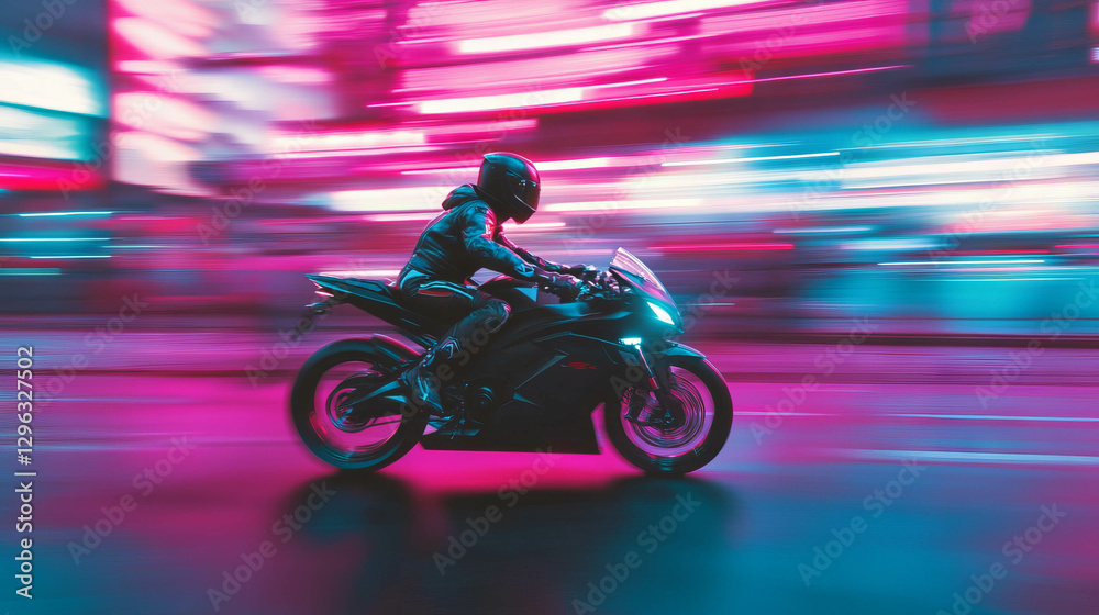 Fototapeta premium Futuristic motorcycle racing through neon lit cityscape at night