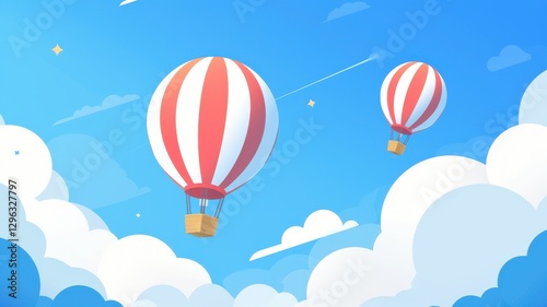 Wallpaper Mural Two Red and White Striped Hot Air Balloons Soaring Through a Sunny Sky with Fluffy Clouds Torontodigital.ca