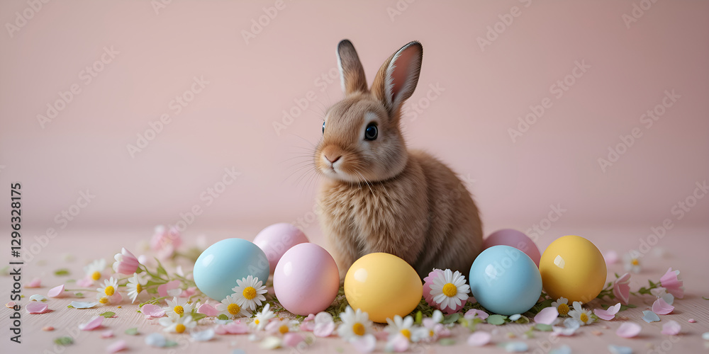 Fototapeta premium Bunny Resting Beside a Small Bowl of Traditional Dyed Eggs