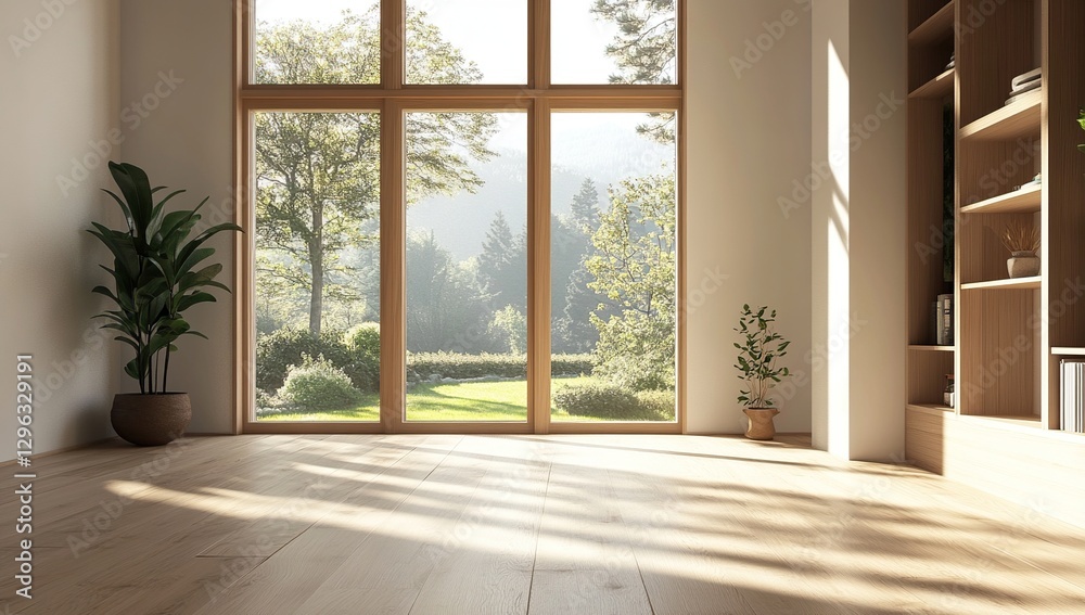 Fototapeta premium Bright Minimalist Room with Large Window and Green View
