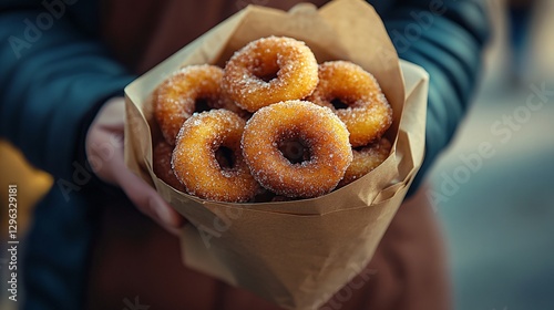 High-resolution photography of mini doughnuts dusted with cinnamon sugar, served in a paper bag for a warm and cozy street food feel