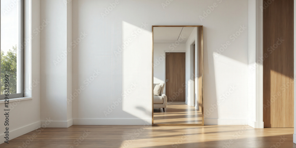 Obraz premium Large sleek mirror with an elegant gold frame, leaning against a pristine white wall in a modern hallway. The reflection