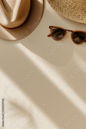 Flatlay image of sunglasses and a summer hat