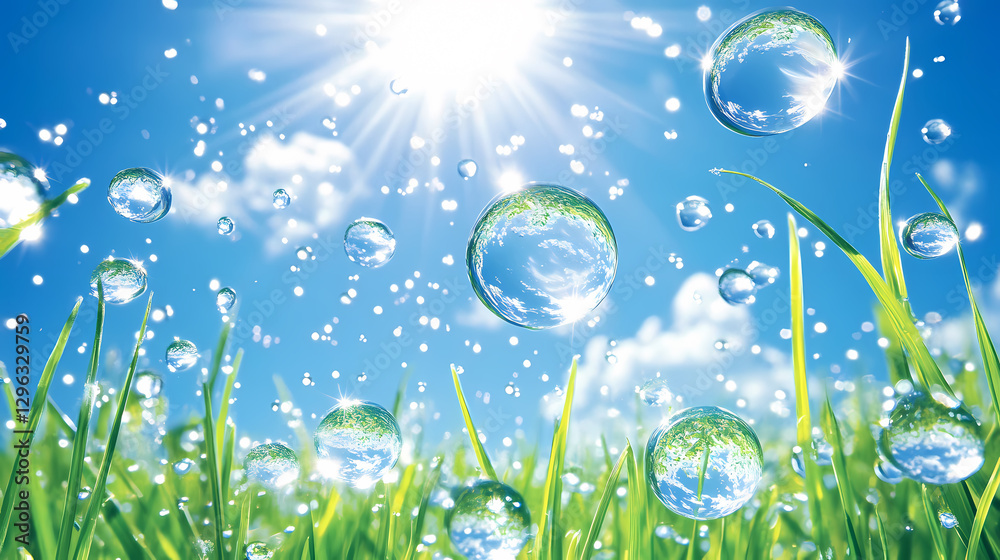 Water Droplets Reflecting in Grass Under Sunlight Water Droplets Reflecting in Grass Under Sunlight