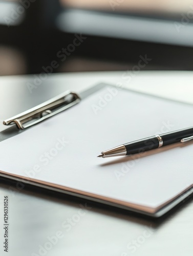 Wallpaper Mural Blank Clipboard with Pen Ready for Notes - A close-up shot of a clipboard with a blank sheet of paper and a pen, ready for writing or note-taking Torontodigital.ca