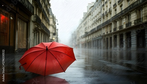 Red umbrella stands out on a rainy european city street