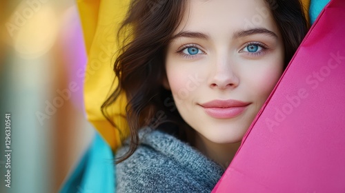 A vibrant portrait of a young woman, her eyes sparkling with a hint of mischief as she carries a cascade of shopping bags, a testament to the joys of retail therapy. photo