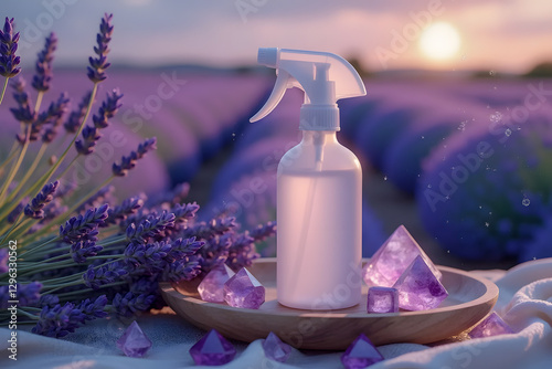 All Natural Non Toxic Homemade Cleaning Product - Spry bottle - DIY - in a lavender field surrounded by amethysts - AI generated photo