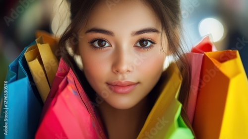 A vibrant portrait of a young woman, her eyes sparkling with a hint of mischief as she carries a cascade of shopping bags, a testament to the joys of retail therapy.