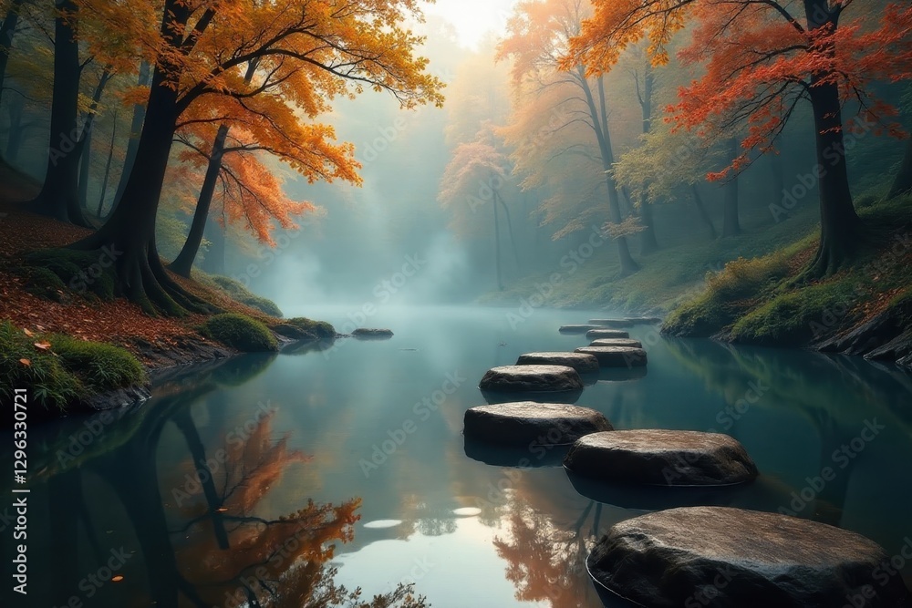 Ancient stepping stones, misty river, autumnal forest mirroring in still water , mist, orange Ancient stepping stones, misty river, autumnal forest mirroring in still water , mist, orange