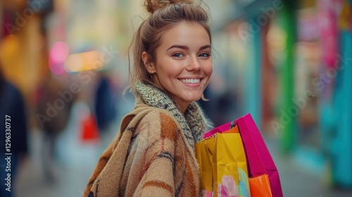 A vibrant portrait of a young woman, her eyes sparkling with a hint of mischief as she carries a cascade of shopping bags, a testament to the joys of retail therapy. photo