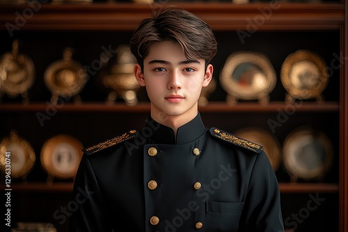 Young man in formal military attire poses confidently in front of an elegant display of vintage plates