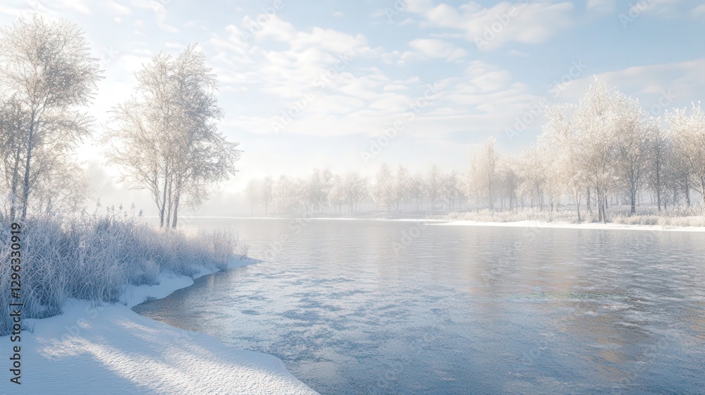 serene winter scene showcasing a frozen lake with snow-dusted trees lining the shore, creating a breathtakingly quiet and cold atmosphere. serene winter scene showcasing a frozen lake with snow-dusted trees lining the shore, creating a breathtakingly quiet and cold atmosphere.
