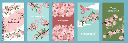 Vector collection of spring backgrounds with space for copying text. Bright banners, posters, design templates on social networks with leaves and flowers. Spring birds and flowering branches. 