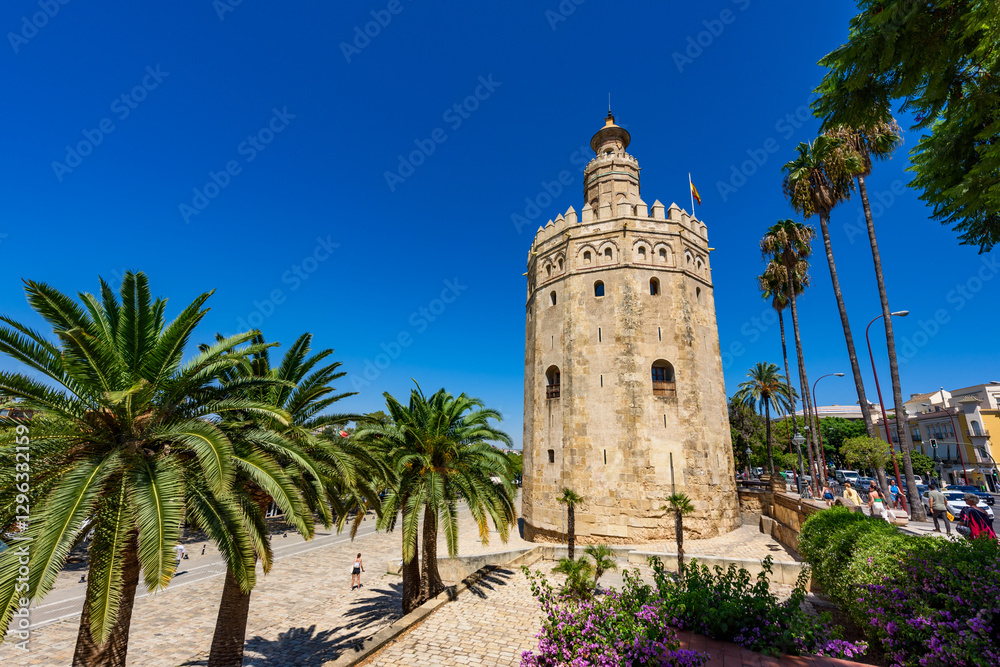 Seville, Spain - August 01, 2024: Torre del Oro Tower of Gold in Seville