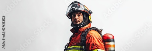 Brave Firefighter Ready for Action - Courageous firefighter, full gear, determined expression, safety equipment, emergency response. Symbolizing bravery, protection, service, resilience, and hope