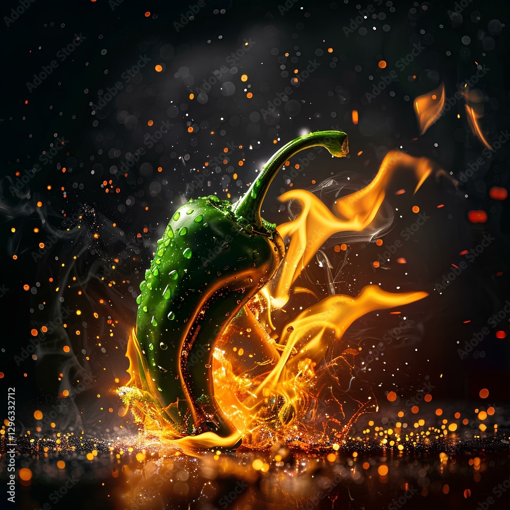 green jalapeno pepper burning on fire