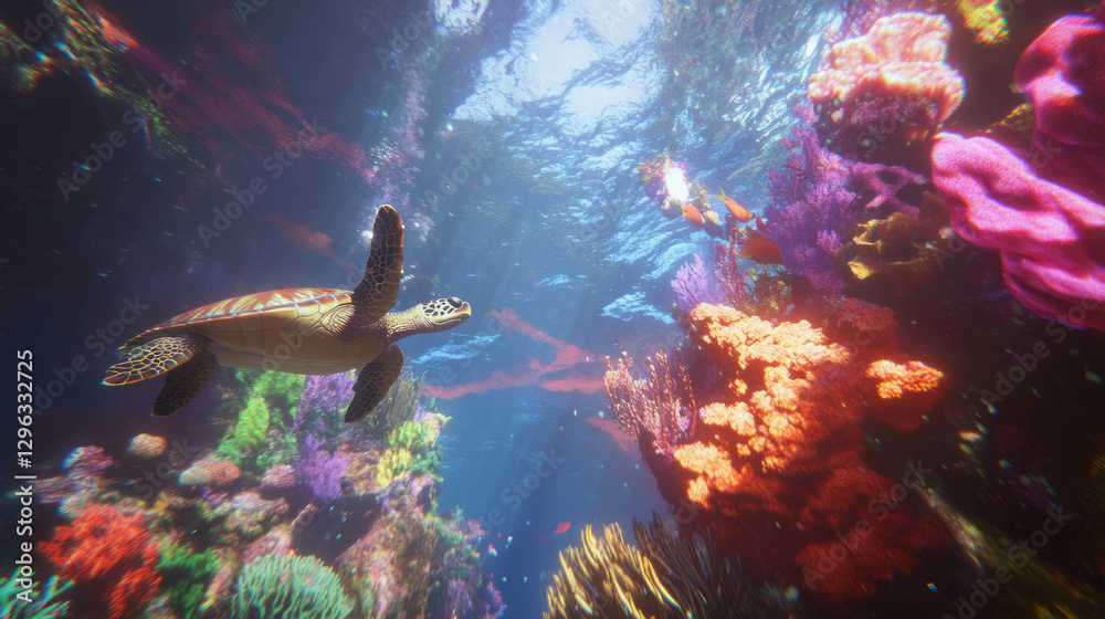 Fototapeta premium Serene underwater scene with vibrant coral reefs and marine life