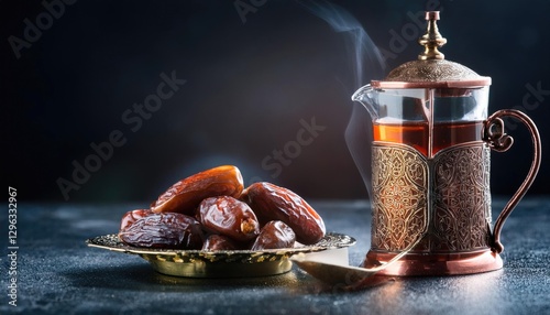 Ramadan food and drinks concept. Ramadan tea and dates fruits on dark background