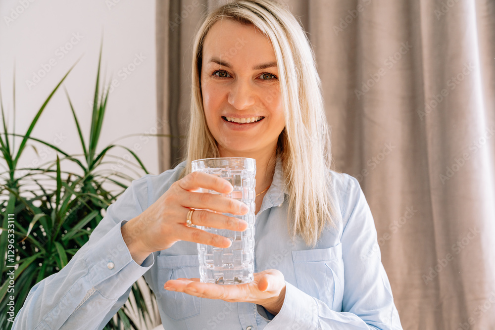 smiling girl holding a glass of water sitting at the table , 35-37 years old European appearance close-up dressed in a blue shirt in natural light smiling girl holding a glass of water sitting at the table , 35-37 years old European appearance close-up dressed in a blue shirt in natural light