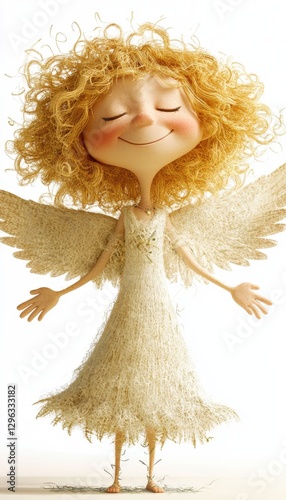 A cheerful angel with curly blonde hair and cream-colored dress, wings outstretched.