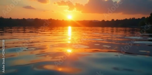 Golden hour sun reflecting on calm water ripples, surface texture, orange