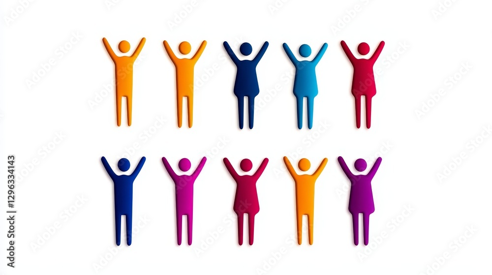 Celebrating Unity: Diverse Figures Rejoicing - Colorful figures with arms raised high, symbolizing unity, diversity, and celebration. Ideal for teamwork, community, and togetherness concepts