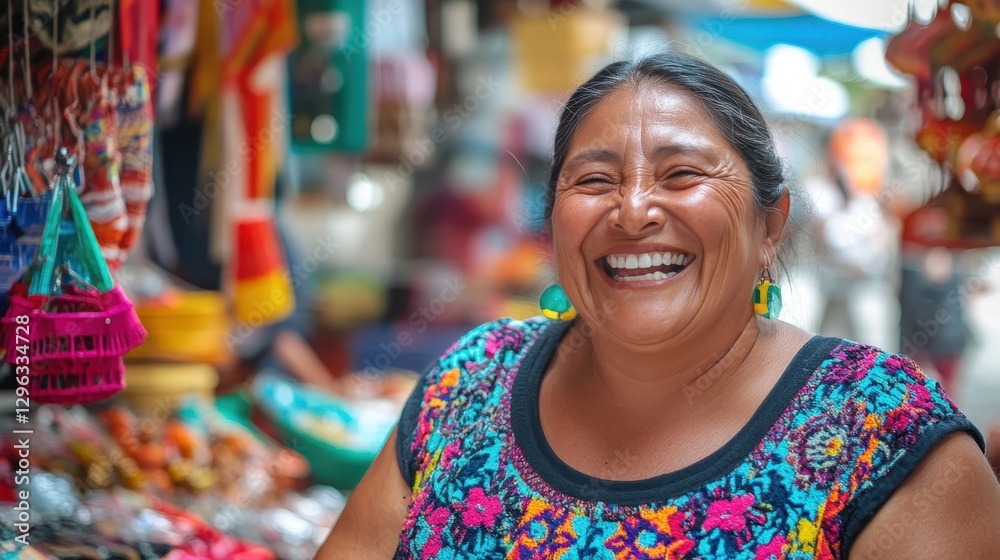 Obraz premium A woman with bright eyes and a radiant smile browses through a vibrant marketplace, her laughter echoing through the aisles, surrounded by colorful goods and the joy of discovery.