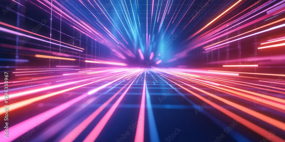 A high-tech abstract background featuring radiant energy beams seamlessly flowing through a futuristic digital grid. The glowing neon light streaks and motion blur effects create an electrifying, A high-tech abstract background featuring radiant energy beams seamlessly flowing through a futuristic digital grid. The glowing neon light streaks and motion blur effects create an electrifying,