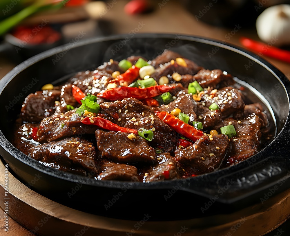 A sizzling hot iron plate filled with sautéed beef and chili peppers, Generative AI A sizzling hot iron plate filled with sautéed beef and chili peppers, Generative AI