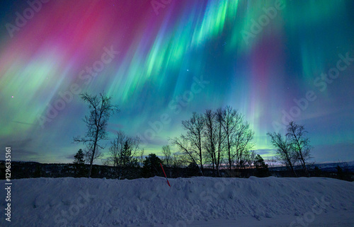 A beautigul autora borealis display over the snowy Norvegian winter landscape. Northern lights in Norway sky. Arctic nature in Scandinavia during winter season.