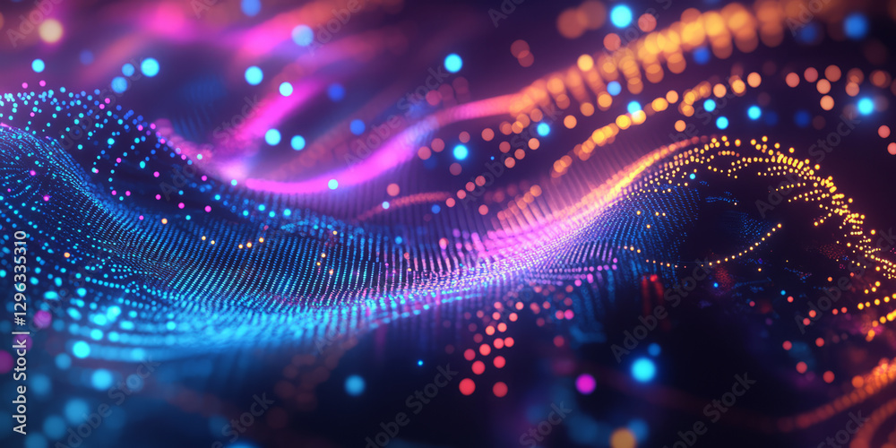 A dynamic 3D abstract background with countless tiny glowing particles forming intricate swirling patterns. The neon-lit orbs and vibrant colors create a high-tech cybernetic environment with fluid A dynamic 3D abstract background with countless tiny glowing particles forming intricate swirling patterns. The neon-lit orbs and vibrant colors create a high-tech cybernetic environment with fluid