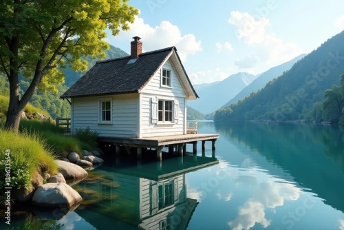 Charming white wooden lake house, tranquil setting , waterfront, idyllic, design