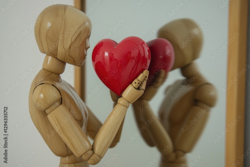 A wooden mannequin holding a red heart-shaped object, looking into a mirror against a white background.