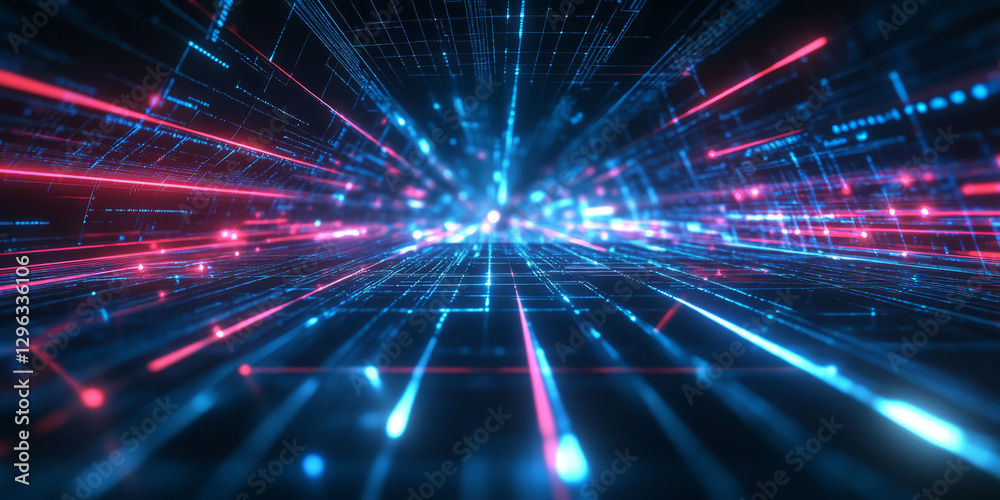 A high-tech abstract background featuring radiant energy beams seamlessly flowing through a futuristic digital grid. The glowing neon light streaks and motion blur effects create an electrifying, A high-tech abstract background featuring radiant energy beams seamlessly flowing through a futuristic digital grid. The glowing neon light streaks and motion blur effects create an electrifying,