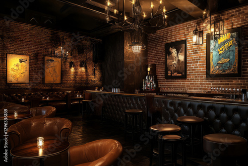 A hidden speakeasy-style 3D background room with dim lighting, exposed brick walls, and a vintage bar setup. Elegant leather seating and classic jazz posters add a touch of 1920s sophistication.