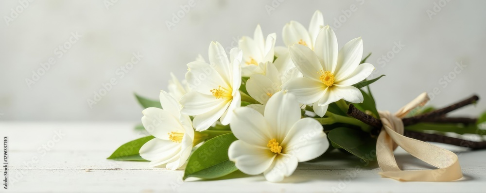Fototapeta premium bundle of white flowers tied with a ribbon around a vanilla stick, white, flower, bundle