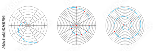Three types of Archimedean spiral with different ratios of angular velocity and radius. Vector illustration of a math curve. Archimedes mathematical law