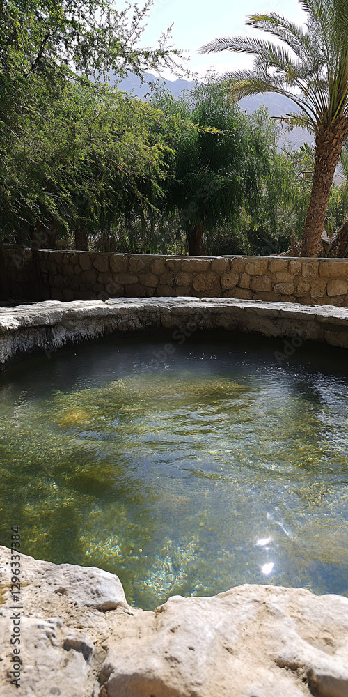 A rare oasis with date palms encircling a small blue lake A rare oasis with date palms encircling a small blue lake
