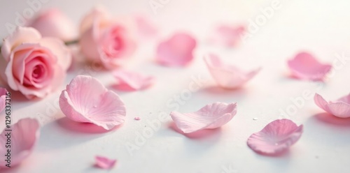 Delicate rose petals scattered on a soft white background with gentle bokeh effect, white, bokeh, floral